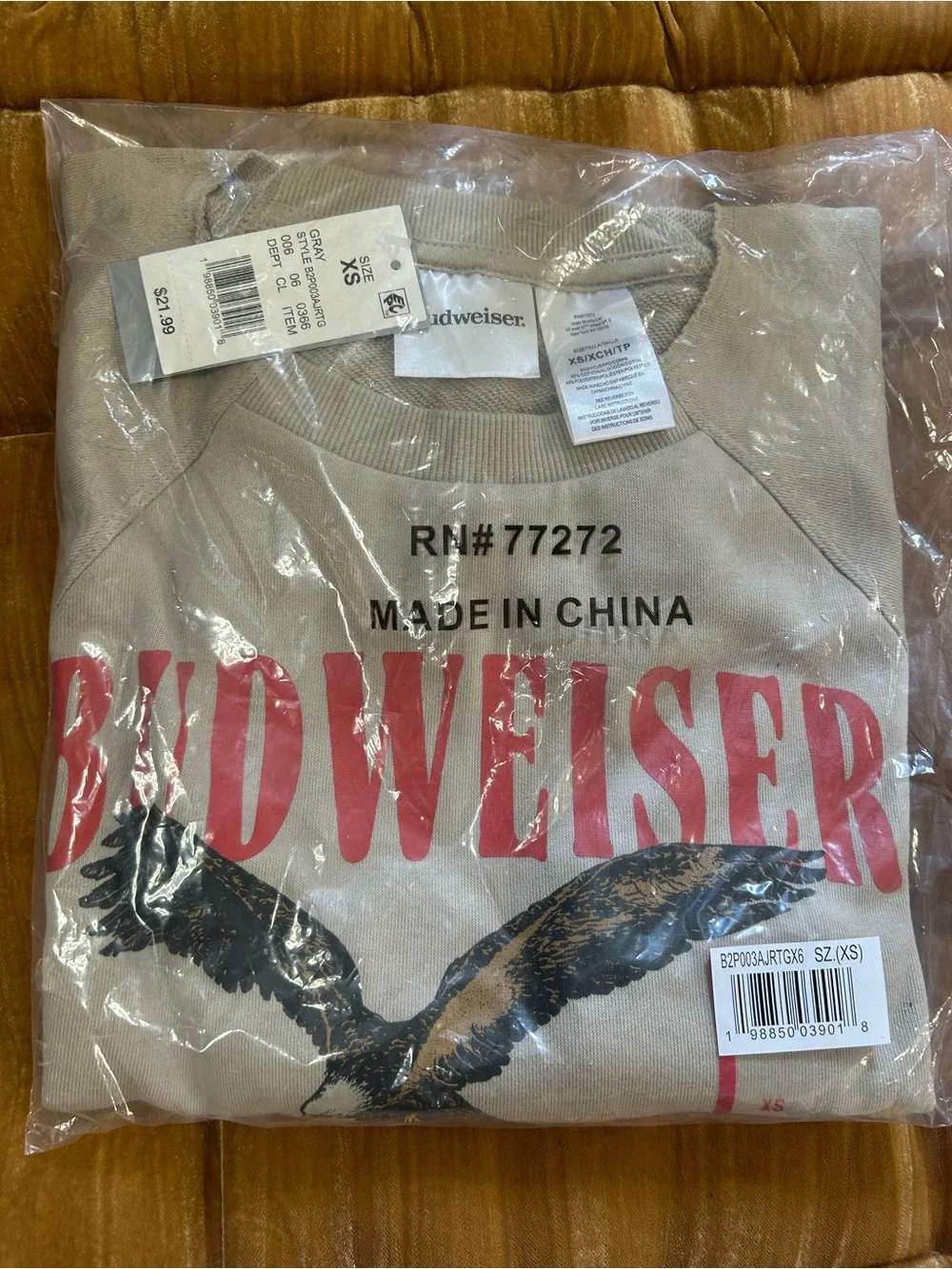 Budweiser Tan Crewneck Sweatshirt with Red Logo and Eagle Graphic